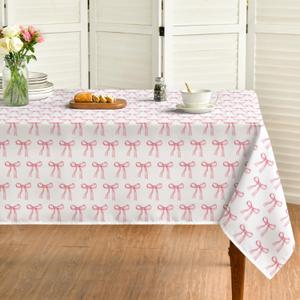 Horaldaily Pink Bow Tablecloth, 60120 Inch Rectangular, Bow Pattern Birthday Decorations, Seasonal Washable Table Cover for Girls Birthday Wedding Party Supplies