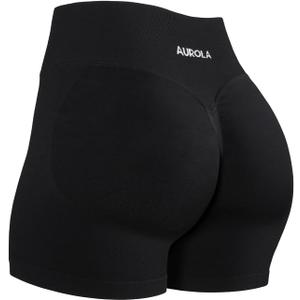 AUROLA Influence Collection Workout Shorts for Women, No Roll Up New Scrunch SeamlessGym Short-3.5" Inseam, Black, L