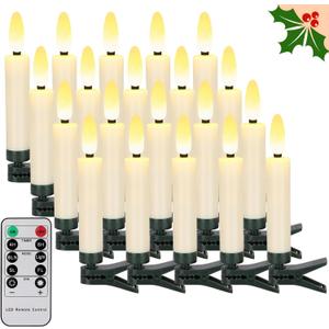 FPOO 20 PCS Christmas Tree Candles Lights Flickering,Clip on Candle Battery Operated Taper Candle Stick with Timer,Mini Flameless Candles for Wreath Candelabra Waterproof Outdoor