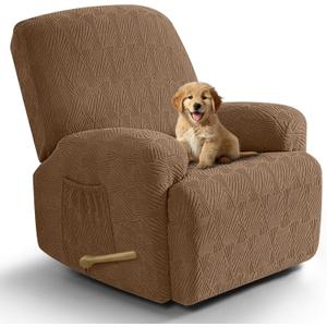 VANSOFY Recliner Chair Covers, 4-Pieces Stretch Recliner Cover Jacquard Soft Reclining Chair Slipcover Furniture Protector with Elastic Bottom for Lazy Boy Recliner(Light Coffee) (1 Seat)