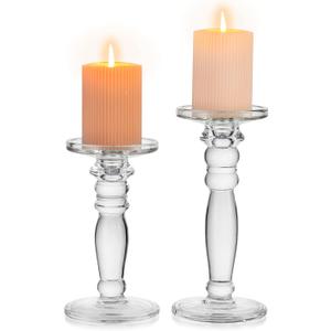 NUPTIO 2 Pcs Glass Candlestick Holders Pillar Candle Holder, Crystal Taper Candle Holder Wedding Decoration Centerpieces for Dining Table, Tapered Candle Holders for Living Room Christmas Halloween