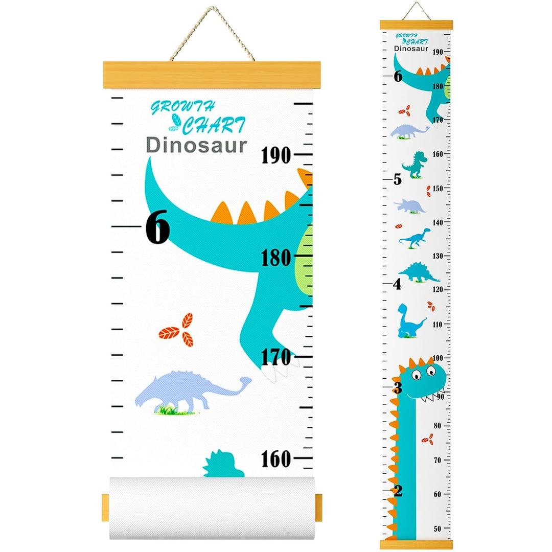 Growth Chart for Kids, Height Chart for Kids/Boys/Girls/Baby, Canvas & Wooden, Removable Growth Height Chart, Christmas Wall Room Decor -Dinosaur (Blue)