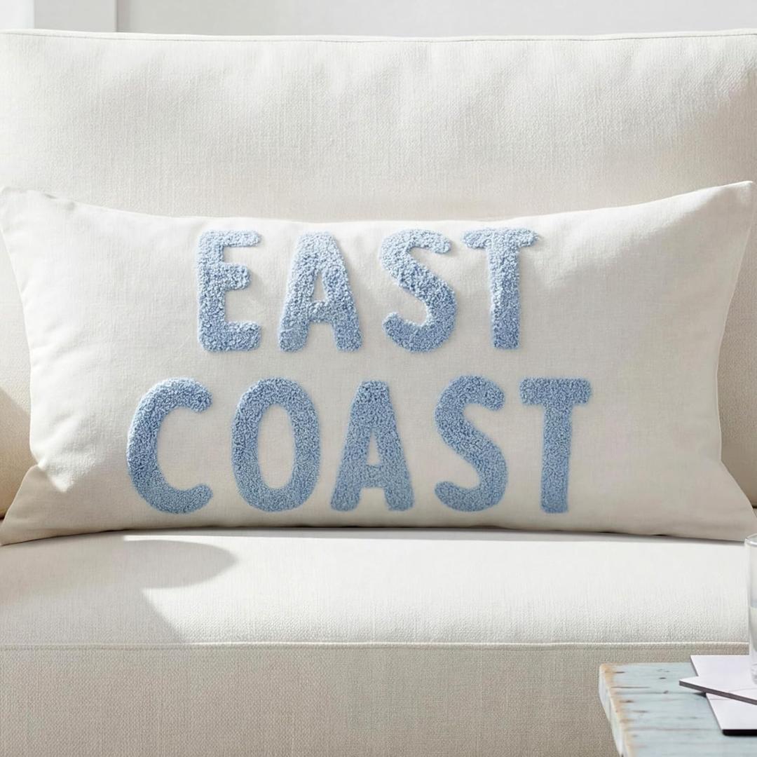 Peryiter Blue Coastal Pillow Cover East Coast Rectangle Towel Embroidery Throw Pillow Cover Lumbar Waist Pillows Case 12 x 24 Inch Decorative Cushion Case for Home Sofa Couch Decor