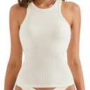SUUKSESS Women Padded Cotton Ribbed Tank Tops 2025 High Neck Racerback Basic Tops (Medium, Cream White)