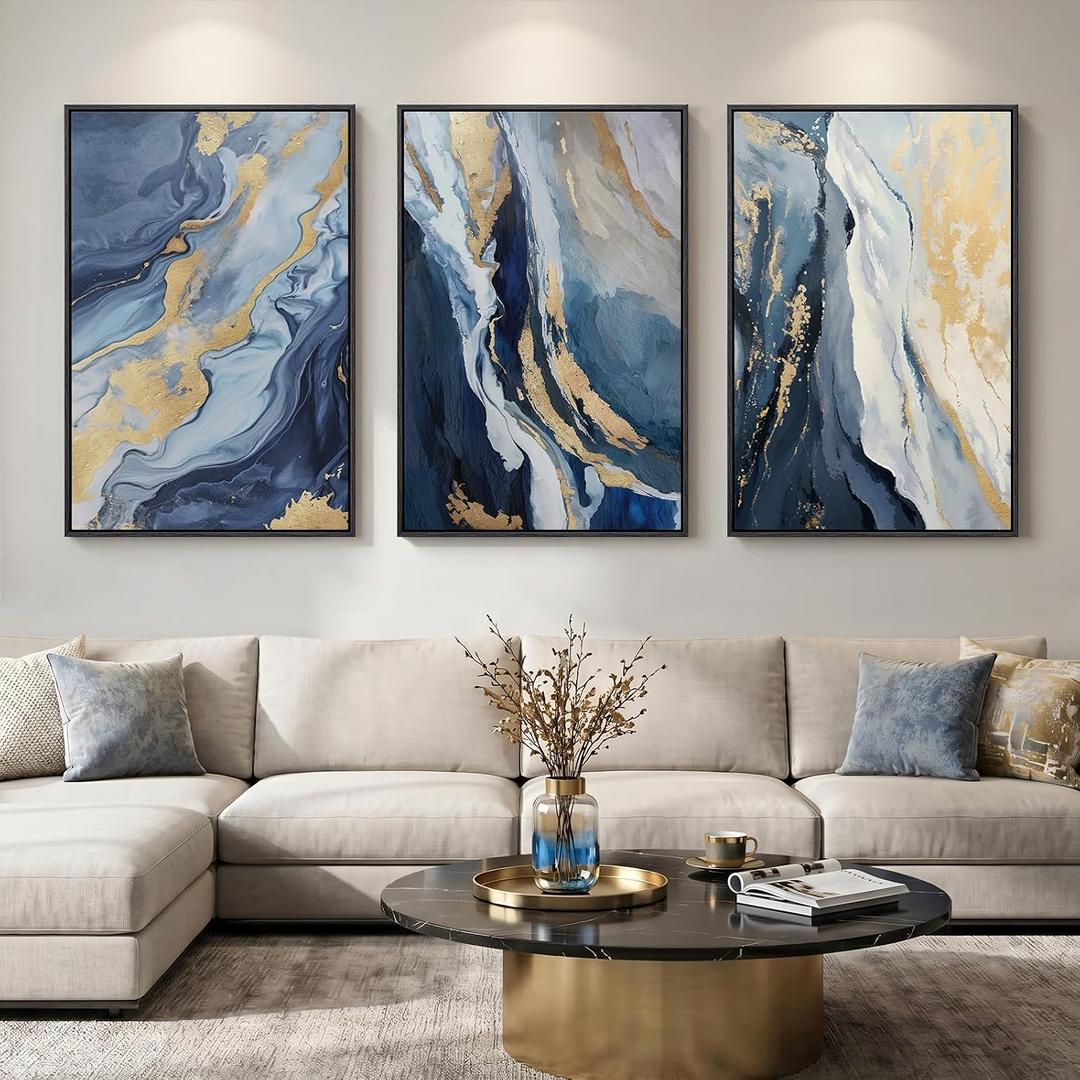 Large Framed Blue and Gold Abstract Wall Art for Living Room, 3 Piece 24x36, 24" W x 36" H x 3pcs