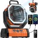 Camping Fan - 20000mAh Battery Powered Fan Rechargeable with LED Lantern - Portable Outdoor Tent Fans with Hanging Hook 4 Speeds Wind Remote Control (8.9*11.4*4.6in, Black and Orange)