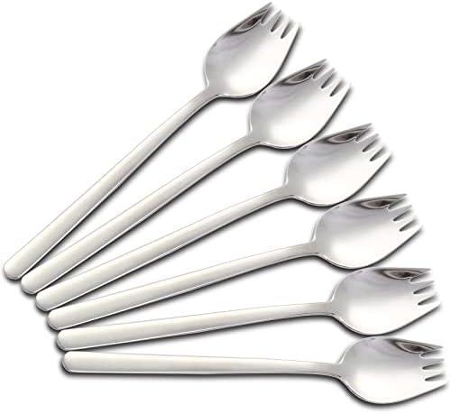 PDCTACST Metal Sporks Set of 6, 18/10 Stainless Steel Salad Spork Utensils, 7.9 Inches Long Handle Dessert Spoons, Ice Cream Spoons Salad Forks Flatware Set, for Fruit Appetizer Dessert Household Use