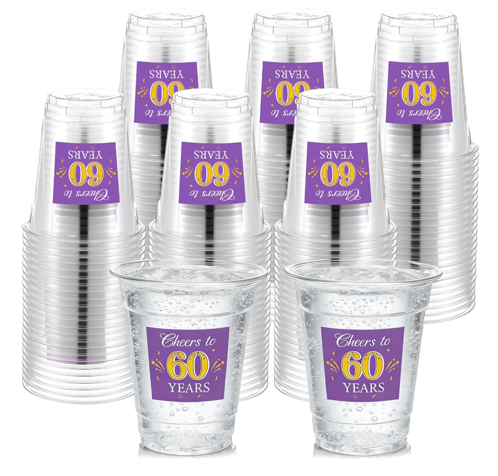Funnymoom 60 Pack 60th Birthday Cup 12 oz Cheers to 60 Years Disposable Clear Plastic Cups for Men Women 60th Birthday Anniversary Wedding Party Decorations Favors