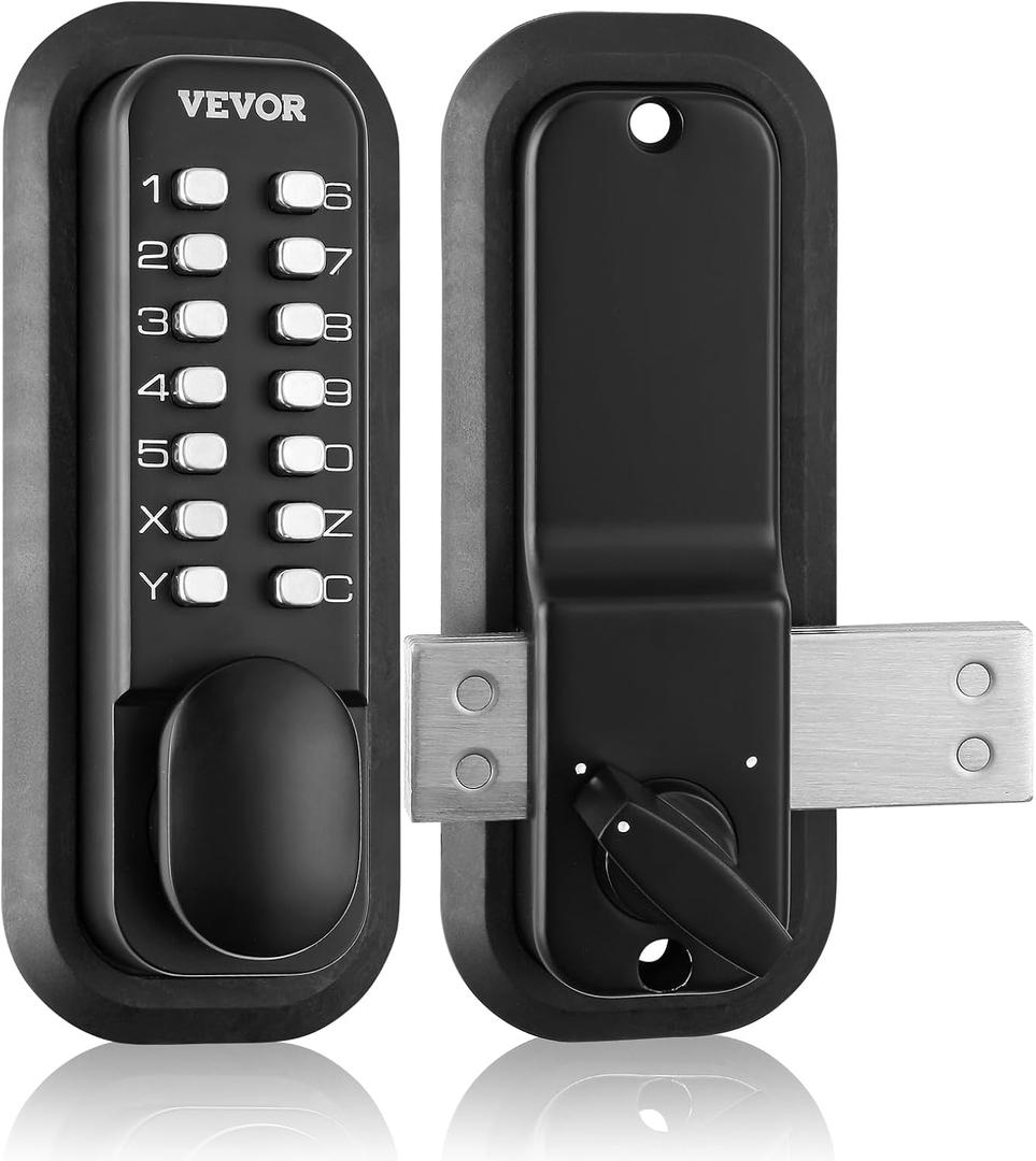 VEVOR Mechanical Keyless Entry Door Lock, 14 Digit Keypad, Outdoor Gate Door Locks Set with Surface-Mounted Latch, Water-Proof Zinc Alloy, Keypad and Knob, Easy to Install, for Garden, Garage, Yard (Black)