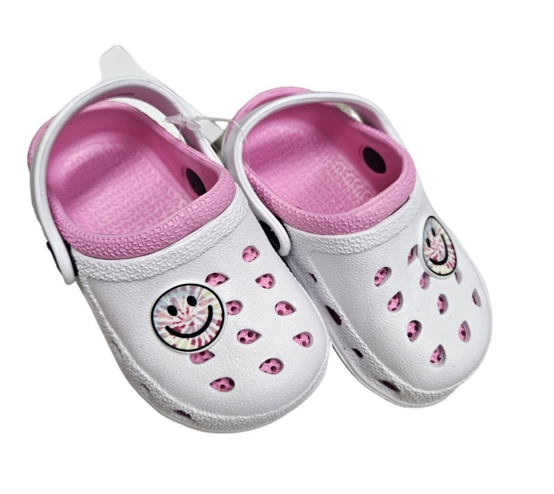 Childrens White Pink Clogs With Smile Design Girls Tie Dye Happy Face Slip On 9