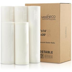 VestaEco Compostable Vacuum Sealer Bags for food, 3 Rolls 11" x 16' and 2 Rolls 8" x 20', Heavy-Duty Embossed Vacuum Seal Bags, Customized Size for Meal Prep/Sous Vide Cooking, BPA-Free