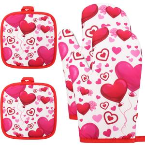 4PCS Valentine Day Oven Mitts and Potholders Set, Red Valentine Heart Oven Mitts Pot Holder Heat Resistant Non-Slip Cooking Gloves for Valentine Day Cooking Baking Party Supplies