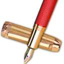 DUNBONG Fountain Pen, Gold & Red Lacquer, Medium Nib, Boxed Set | Brass engraved pattern | Gold-plated medium nib | Refillable converter | 2 nibs, 4 converters & ink | Boxed set