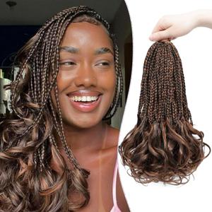 French Curly Braiding Hair Pre looped 12 Inch 8 Packs Short Crochet Hair for Women Dark Brown mix Brown Crochet Box Braids with Curly Ends Synthetic Hair Extensions P4/30#
