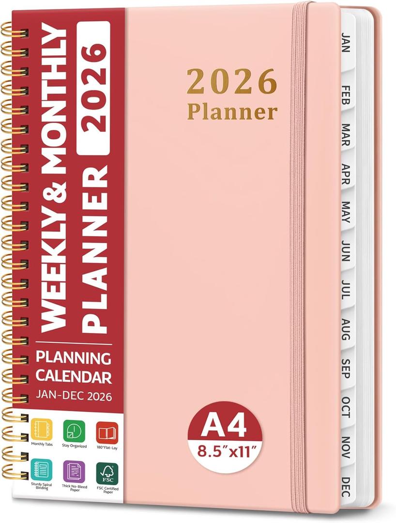 2026 Planner, Weekly and Monthly Calendar Planner, January 2026 - December 2026, Hardcover 2026 Calendar Book with Tabs For Women & Men, Inner Pocket, Spiral Bound, Perfect for Office Home School Supplies - A4 (8.5" x 11"), Pink