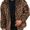 SOMTHRON Men's Faux Fur Leopard Hooded Jacket Shaggy Coat Zip Up Winter Warm Fluffy Furry Parka Overcoat YE-M