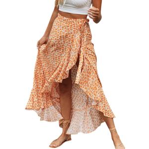 BerryGo Women's Boho Floral Wrap Maxi Skirt High Waisted Long Skirt with Slit (12, Orange)