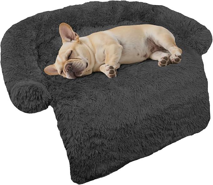 Calming Dog Bed Fluffy Plush Dog Mat for Furniture Protector with Removable Washable Cover for Large Medium Small Dogs and Cats (Small(35x31x5), Dark Grey)