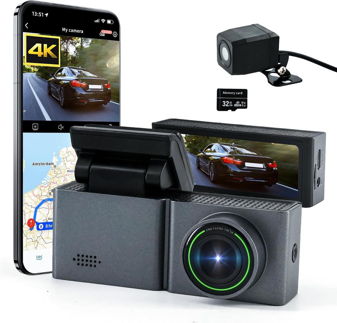Masdio Dash Cam Front and Rear, 4K+1080P Dual Dash Camera for Cars with WiFi APP, 3.2" LCD, Super Night Vision, 24/7 Parking Mode, G-Sensor, Loop Recording, Included 32GB Card