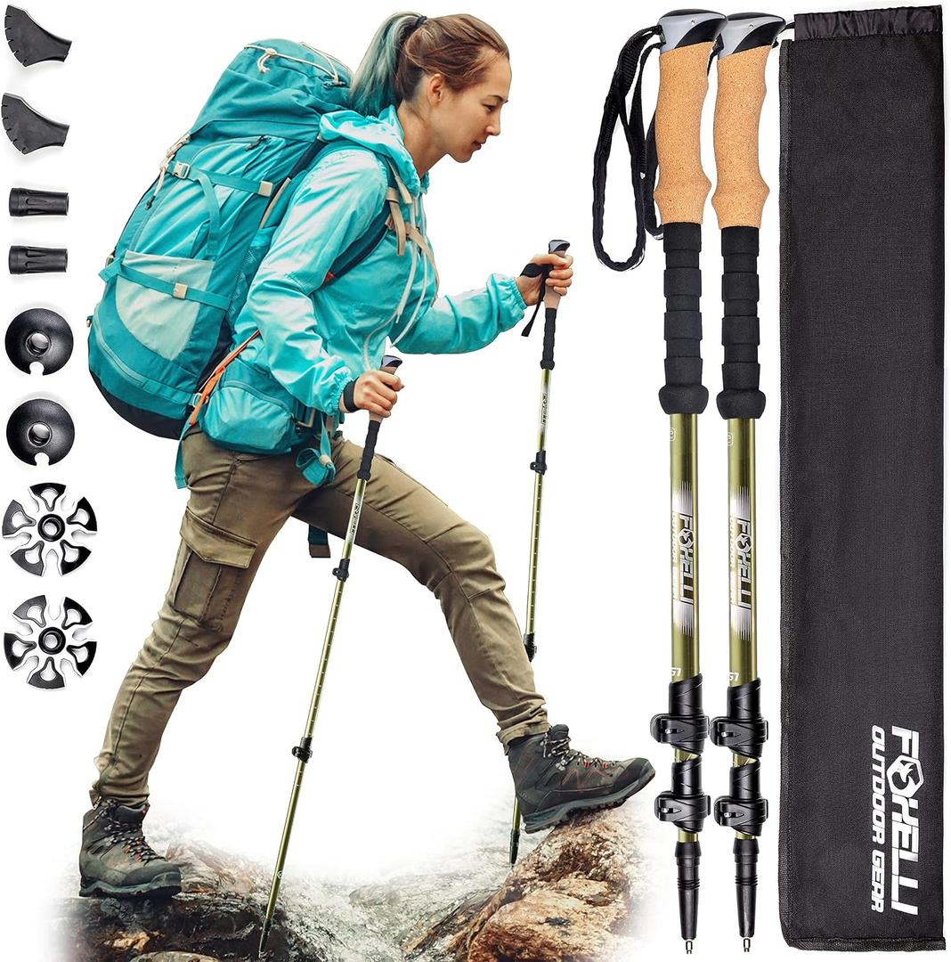 Foxelli Carbon Fiber Trekking Poles Lightweight Collapsible Hiking Poles with Cork Grips, Quick Flip Locks & All-Terrain Accessories Adjustable Height Hiking Sticks for Men & Women