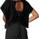 Open Back Workout Tops for Women Loose Fit Athletic Crop Tee Short Sleeve Gym Running Yoga Shirt (Medium, Black)