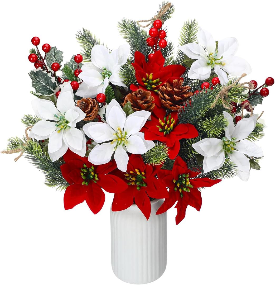 20 Pcs Artificial Christmas Flowers Bouquet Poinsettia Pine Cones Red Holly Berries Stems Floral Picks Branches for Christmas Tree Decoration Vase Crafts Holiday Wreath(Red, Green, White)