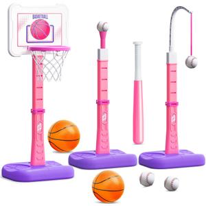 3 in 1 Kids Basketball Hoop and T Ball Set, Adjustable Height Toddler Basketball Hoop, Hanging Tee Baseball, Indoor Outdoor Sports Toys Gifts for Toddlers Boys Girls Ages 3 4 5 YearBlue (Pink)
