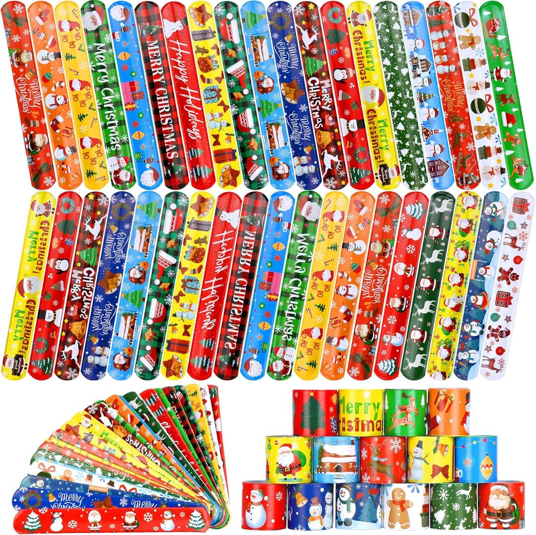 60 Pcs Christmas Slap Bracelets, Assorted Theme Bracelet Bulk for Christmas Party Supplies Decorations Stocking Stuffers Wrist Decorations