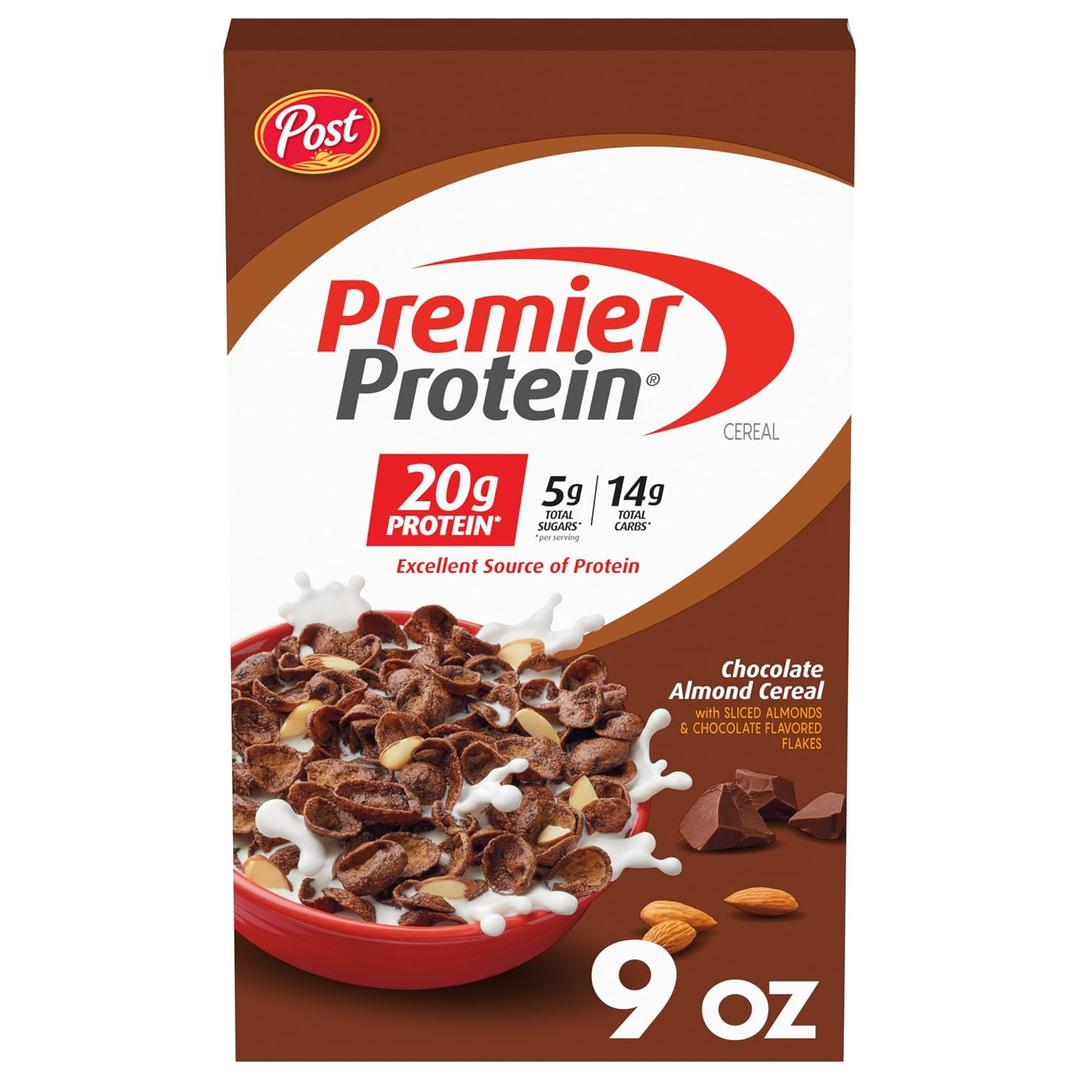 Premier Protein Chocolate Almond Cereal, Chocolatey Protein Breakfast Cereal Flakes with Sliced Almonds, Contains 20g of Protein Per Serving, 9 oz Box (EXP 09/11/27)