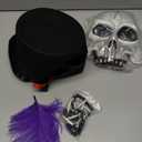 5 Pcs Halloween Shadow Costume for Men Sorcerer Antagonist Gothic Sorcerer Top Hat Bone Necklace Skull Skeleton Mask Purple Feather for Halloween 1920s Jazz Era Magician Cosplay Party