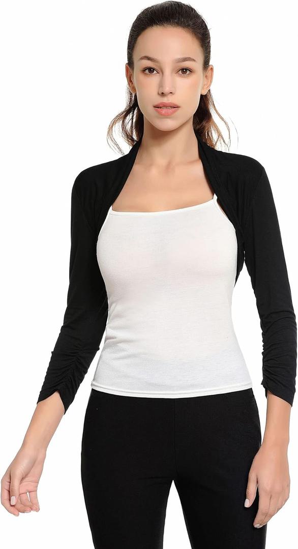 AmlieBoutik Women Ruched 3/4 Sleeve Bolero Cropped Cardigan Shrug (X-Small, Black)