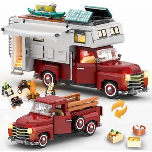 Car Building Block, 2-in-1 Camper Van Building and Farm Pickup Truck Building Set Toy for Adult, Retro Rvs Building Block Kit Set, 2188pcs
