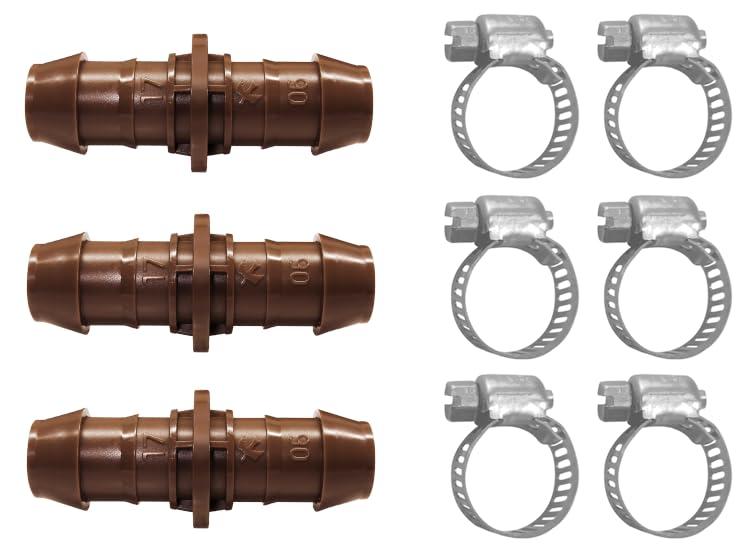 LECTO Universal 5/8", 1/2", .700" Drip Line Repair & Extension Kit – 3 Pack Plastic Couplers with 6 Stainless Steel Hose Clamps