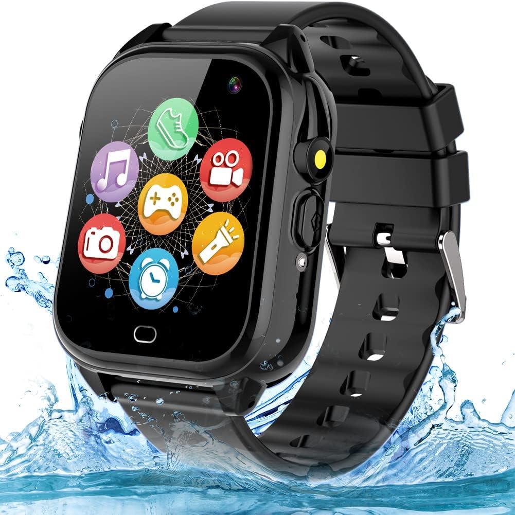 OVV Kids Waterproof Smart Watch Boys Girls Age 3-12 with 26 Game 1.44'' HD Touch Screen Music Player Camera Video Recorder 12/24 Hr Clock Pedometer Alarm Torch Calculator Children Learning Toys (Black)