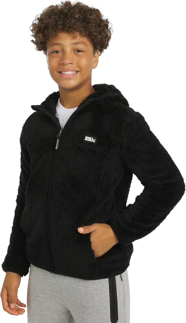 Eddie Bauer Boys' Quest Plush High Pile Faux Sherpa Hooded Jacket (Black, XS)