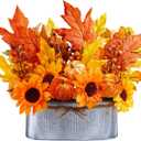 Winlyn 10" Fall Floral Arrangement in Galvanized Metal Oval Planter Artificial Autumn Harvest Maple Leaf Floral Stems Faux Potted Plants Table Centerpiece for Farmhouse Wedding Home Mantel Dcor