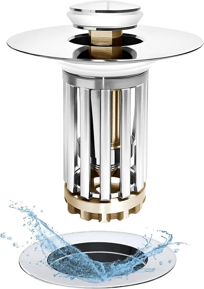 WSYLEN Bathroom Sink Drain Strainer, Bathroom Sink Stopper Pop Up with Two-Section Removable Brass Basket Hair Catcher, Universal for 1.1 to 1.6in Drain, Chrome Silver WSYLEN Bathroom Sink Drain Strainer, Bathroom Sink Stopper Pop Up with Two-Section Removable Brass Basket Hair Catcher, Universal for 1.1 to 1.6in Drain, Chrome Silver