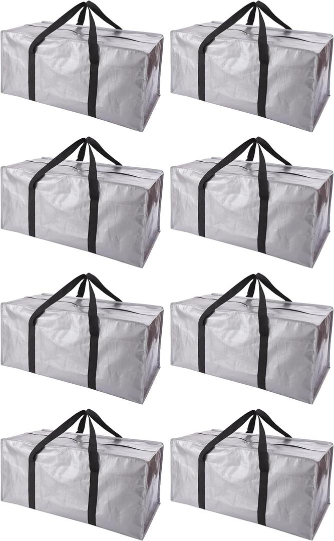 PANDA JOYS Extra Large Moving Bags with Zippers & Carrying Handles, Heavy-Duty Storage Tote for Space Saving Moving Storage, Fold Flat, Alternative to Box and Bin - 8 Pack, Silver