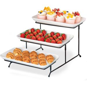 Delling Large 3 Tier Serving Tray Set, 14 Inch Tiered Serving Stand, Sturdier Rack with 3 Porcelain Serving Platters, Suitable for Dessert Table Display Set, Serving Dishes for Entertaining