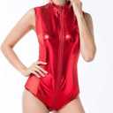 Leather Bodysuit Sexy One Piece Swimsuits Shiny PVC Jumpsuits Zip Up Leotard Sheer Teddy Outfit Lingerie Clubwear (Red, M)
