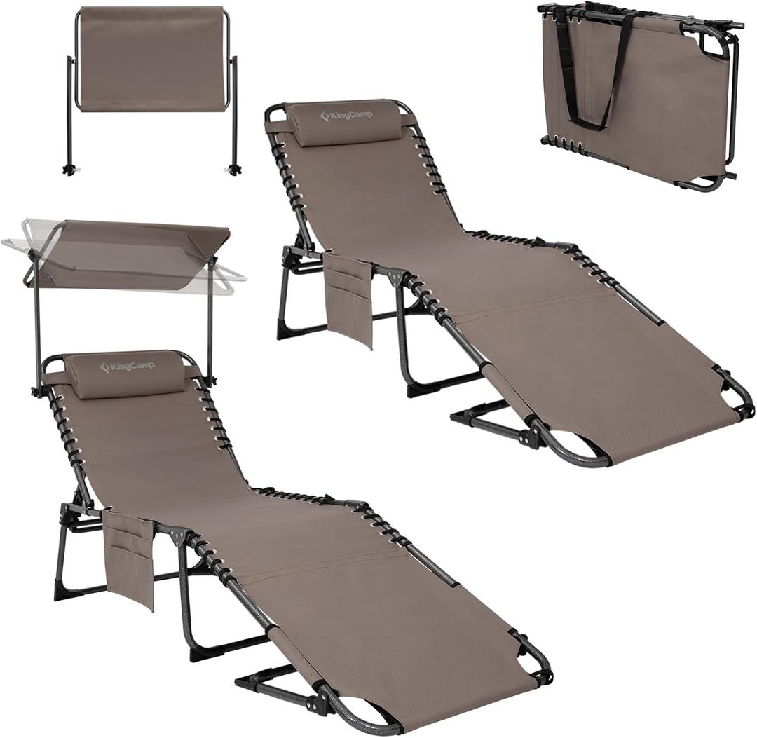KingCamp 2 Pack Tanning Chair with Face Hole, Lounge Chairs Outdoor Folding Portable Comfy Adjustable 5-Position Foldable Chaise Chaser with Canopy Shade for Outside Beach Patio Sun Bathing, Beige
