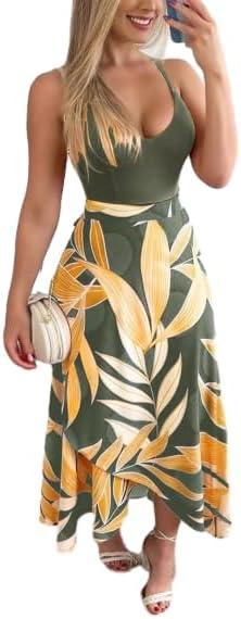 SKAYS Tropical Dresses for Women Summer Wrap Dress Boho Spaghetti Strap Backless Slit Thigh Maxi Dress (Yellow, M)