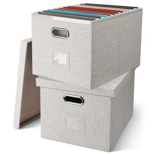 File Organizer, Collapsible Storage Filling Box with Lid for Letter Legal Size Hanging Folders Decorative Linen File Folder Box Document Storage Filing Bin, Dark Gray 2 Pack