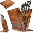 EDGE LINE Magnetic Knife Block Holder With Large 14 x 12 Inch Cutting Board, Premium Acacia Hard Wood Magnetic Knife Holder Rack for Kitchen Counter, 1.5 Inch Thick Butcher Block Cutting Board