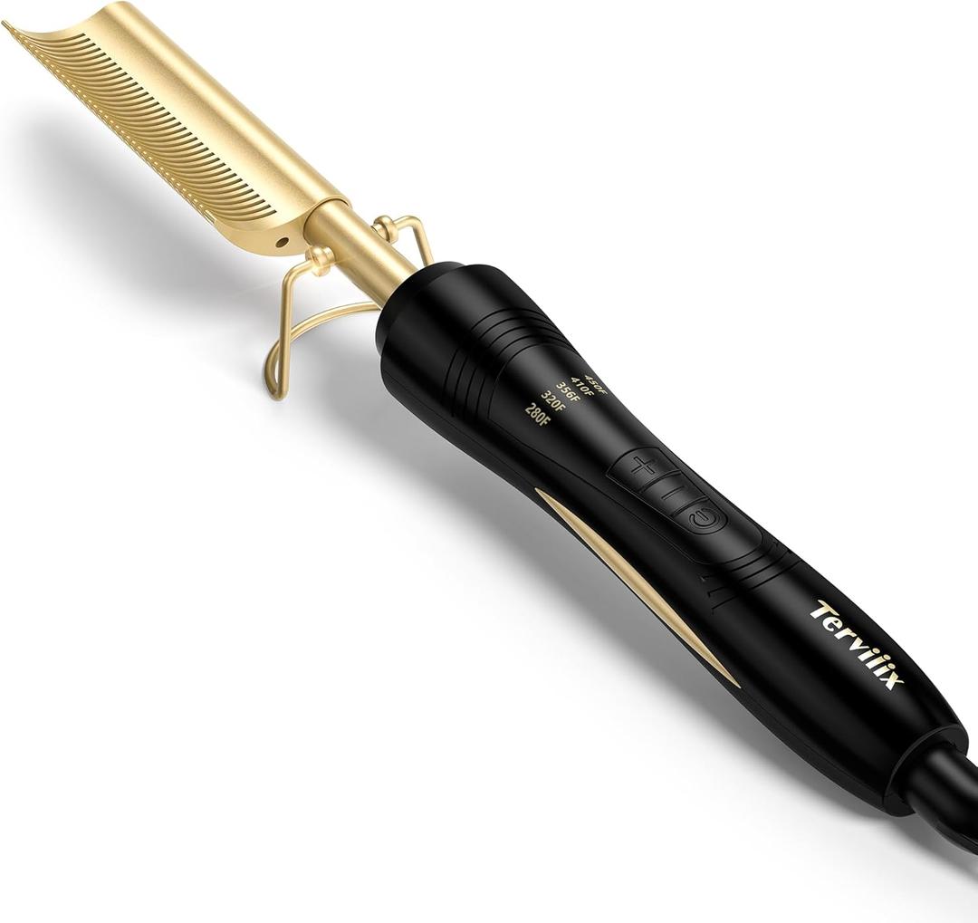 Terviiix Hot Comb for Lace Front Wigs, Curved Teeth Pressing Combs for Black Women Hair, Anti-Scald Straightening Comb, Electric Heat Comb, Temperature Adjustable, 60 Min Auto Shut Off