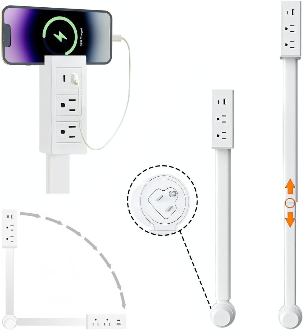 180 Rotating Power Outlet Extender  Adjustable 17-27.5 Inch (44-70cm) with USB-A/USB-C & 2 AC Outlets  Wall Socket Expander for Behind Couches, Home & Office