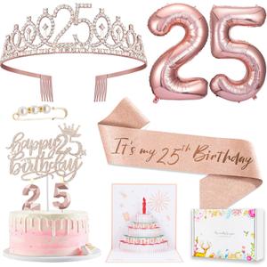 25th Birthday Decorations Gifts for Women, Including 25 year old Cake Topper, Birthday Queen Sash with Pearl Pin, Sweet Rhinestone Tiara Crown, Number Candles and Balloons Set, Rose Gold