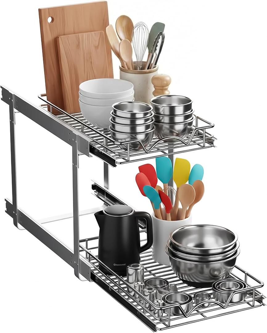 2-Tier Pull-Out Cabinet Organizer with Heavy-Duty Steel Frame, Full-Extension Sliding Shelves, Holds 100 lbs, Easy Install for Kitchen, Pantry & Under Sink Cabinets, 12" W x 21D x 16.5" H
