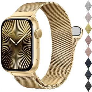BELONGME Mesh Metal Loop Compatible with Apple Watch Band 40mm 41mm 38mm 42mm Series 11 10 9 8 7 6 5 4 3 2 1, SE 3 2 1 Women Men, Stainless Steel Strap with Magnetic Clasp for iWatch Bands (Golden)