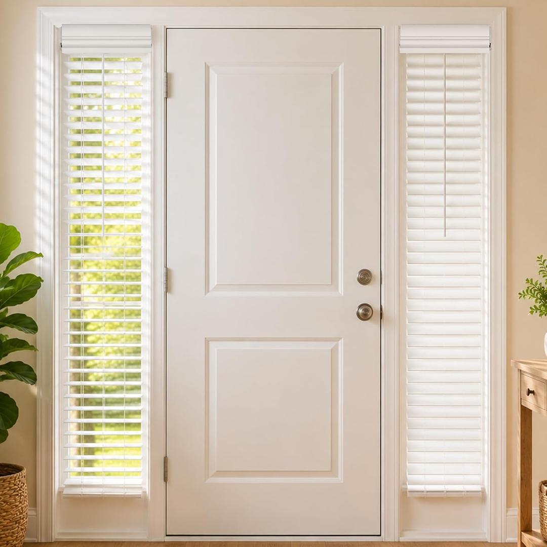DoubleFill 2 Pack 12'' x 72'' Cordless Sidelight Blinds 2'' Horizontal White Faux Wood Front Door Window Blind Adjustable Tilt Wand Smooth, Privacy, Room Darkening for Home Entry Side Door